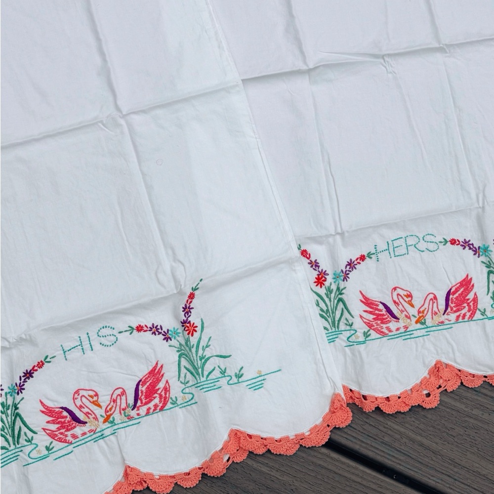 Embroidered His & Hers Swan Pillowcases with Lace Trim